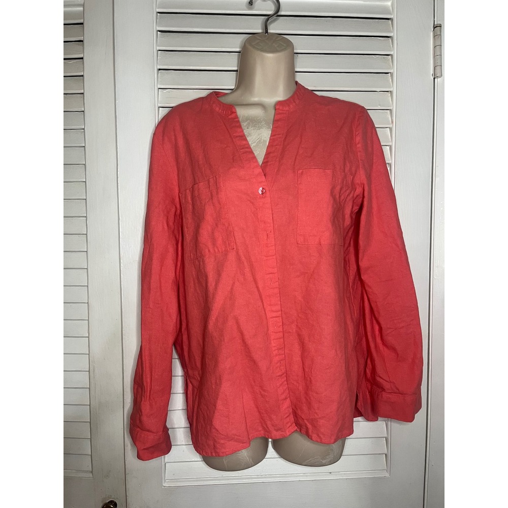 Nine West Jeans Womens Coral Pink Linen Blend Long Sleeve Shirt M Coastal